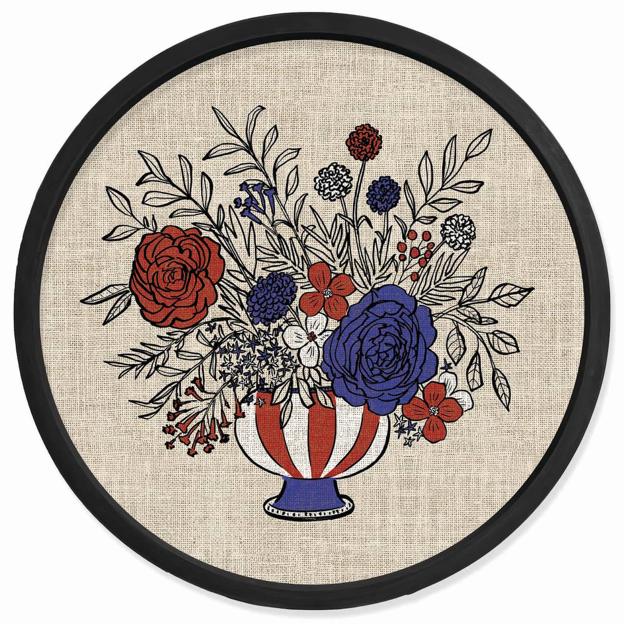 20" x 20" Red, White & Blue Florals Round Framed Print